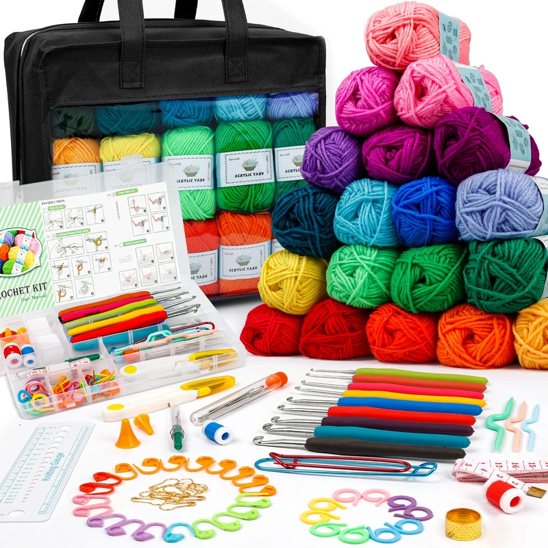 Inscraft Crochet Yarns Kit for Beginners Adults, 30 Acrylic Yarns Set for Crocheting, 1650 Yards Knitting Yarn Bag Kit, 73PCS Crochet Accessories Set Including Ergonomic Hooks, Knitting Needles