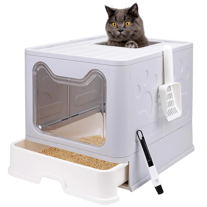 Fophop Foldable Cat Litter Box with Lid, Large, Grey, Modern, Top Entry, Enclosed, Easy to Clean, Cat Owners, Age 18+