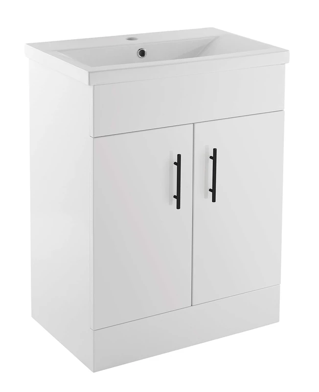 Nuie Eden VTMW600E47 Modern Bathroom Floor Standing 2 Soft Close Doors Vanity Unit with Mid-Edge Ceramic Basin and Matt Black Handles, Gloss White, 600mm