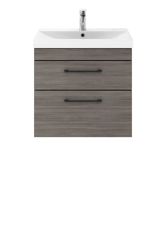 Nuie ATH046D65 Athena Modern Bathroom Wall Hung Vanity Storage Unit with Basin and Matt Black D Handle, Brown Grey Avola, 600mm