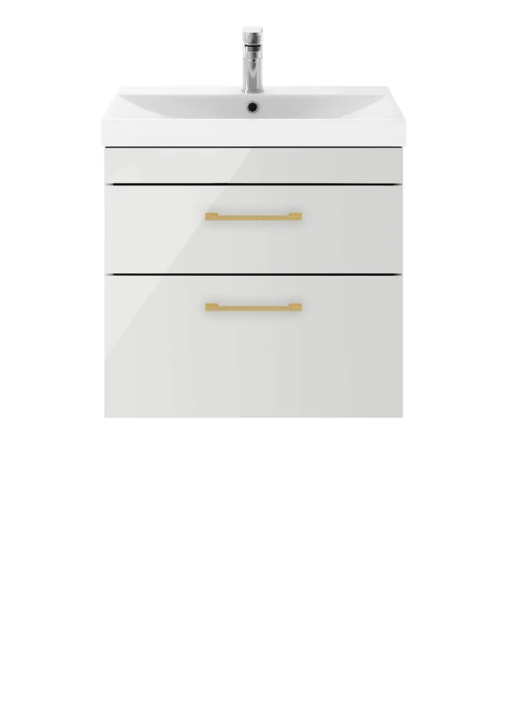 Nuie ATH110D21 Athena Modern Bathroom Wall Hung Vanity Storage Unit with Basin and Brass D Handle, 600mm, Gloss Grey Mist