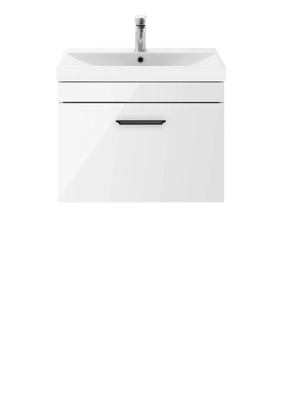 Nuie ATH041D09 Athena Modern Bathroom Wall Hung Vanity Storage Unit with Basin and Matt Black Profile Handle, 600mm, Gloss White