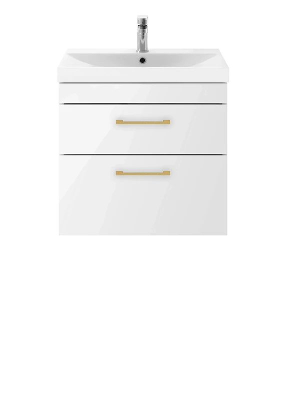 Nuie ATH020D21 Athena Modern Bathroom Wall Hung Vanity Storage Unit with Basin and Brushed Brass D Handle, 500mm, Gloss White