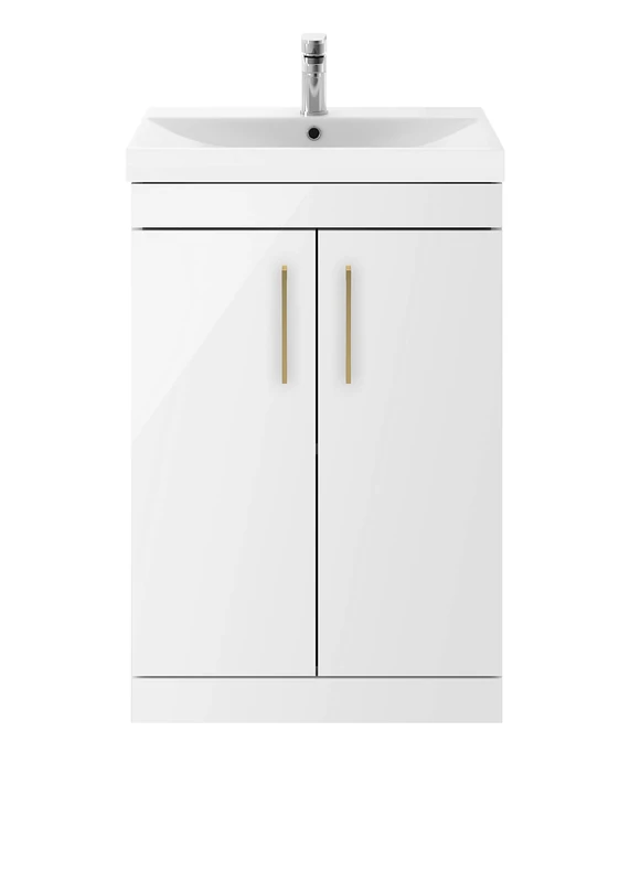 Nuie ATH006D21 Athena Modern Bathroom Floor Standing Vanity Storage Unit with Basin and Brushed Brass D Handle, 500mm, Gloss White