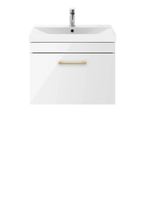 Nuie ATH041D21 Athena Modern Bathroom Wall Hung Vanity Storage Unit with Basin and Brass D Handle, 600mm, Gloss White