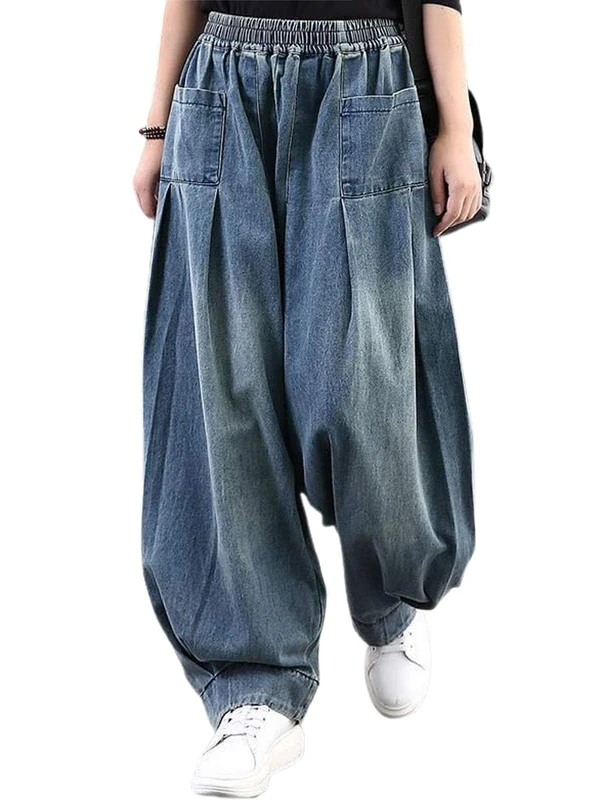ebossy Women's Denim Harem Pants Elastic Waist Pleated Wide Leg Baggy Jeans, Blue, Large - Image 1