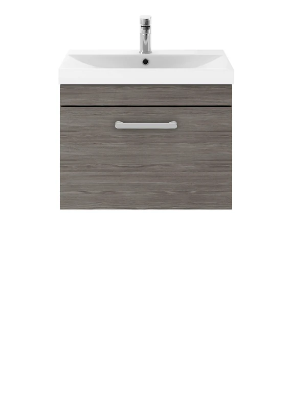 Nuie ATH011D62 Athena Modern Bathroom Wall Hung Vanity Storage Unit with Basin and Chrome Rounded Handle, 500mm, Brown Grey Avola