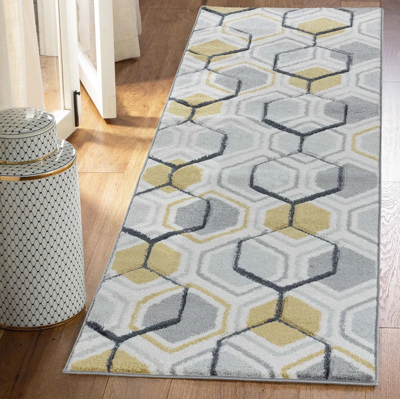 Serdim Rugs Modern Living Room Geometrical Hexagon Design Hand Carved Area Rugs, polypropylene, Grey, 60x230cm(2'x7'7")