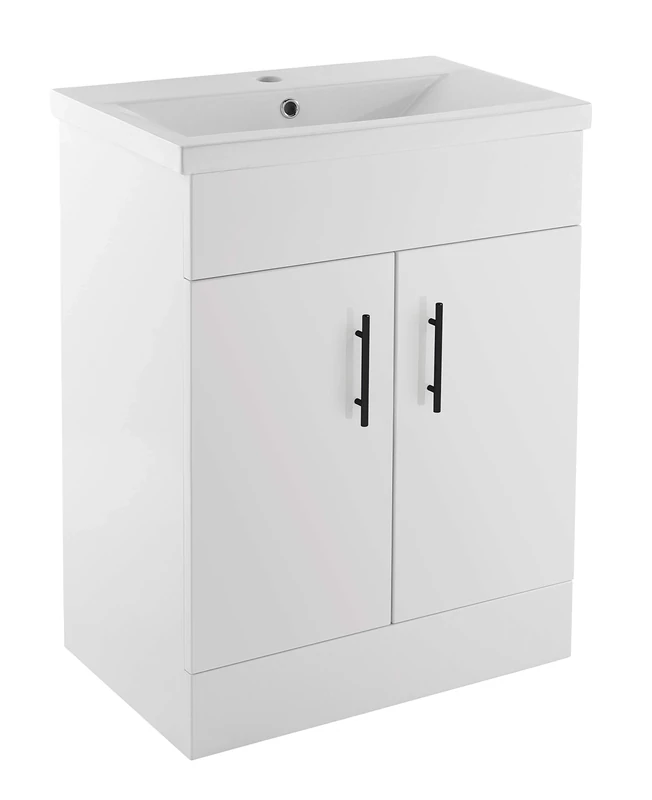 Nuie Eden VTMW500E47 Modern Bathroom Floor Standing 2 Soft Close Doors Vanity Unit with Mid-Edge Ceramic Basin and Matt Black Handles, Gloss White, 500mm - Image 1
