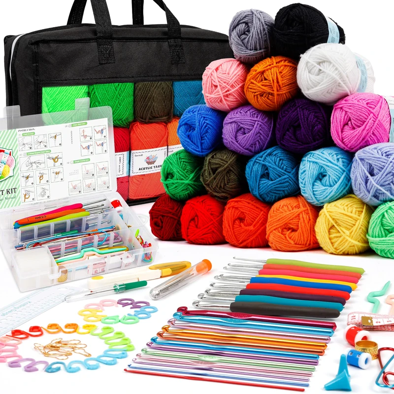 Inscraft Crochet Yarns Kit for Beginners Adults, 20 Acrylic Yarns Set for Crocheting, 2000 Yards Knitting Yarn Bag Kit, 85 PCS Crochet Accessories Set Including Ergonomic Hooks, Knitting Needles