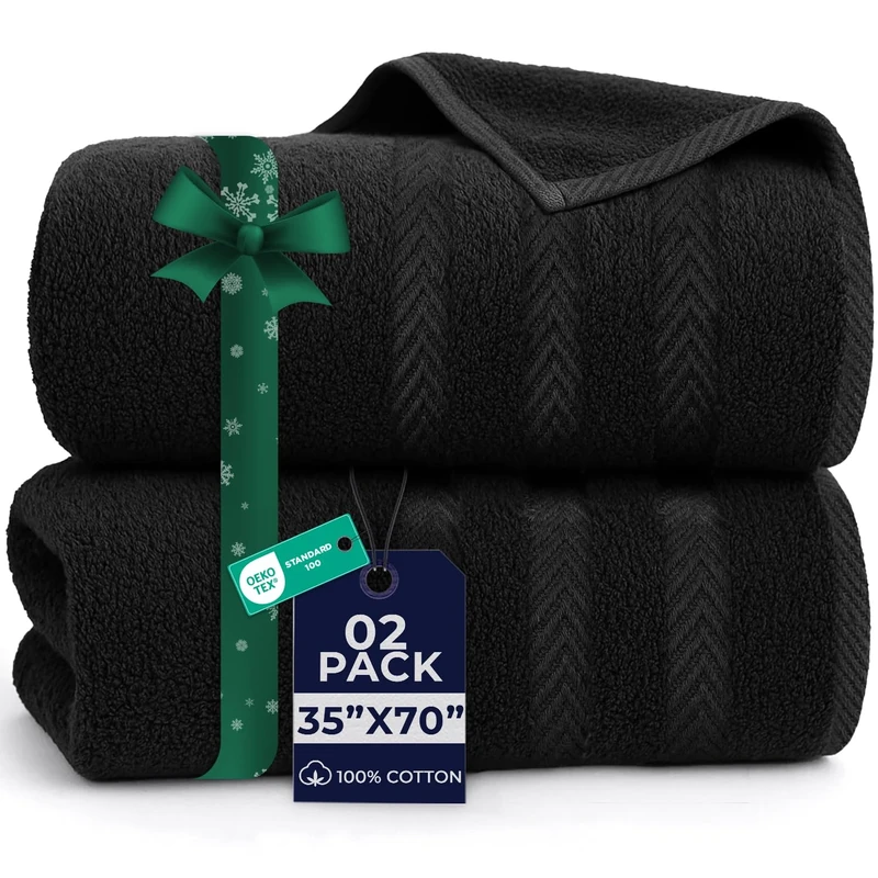 Dan River Luxury Jumbo Bath Sheets 2 Piece – 550 GSM (35x70 Inches) 100% Cotton Highly Absorbent and Quick Dry Bath Towel Set – Super Soft Towels for Bathroom, Hotel, Spa, Black