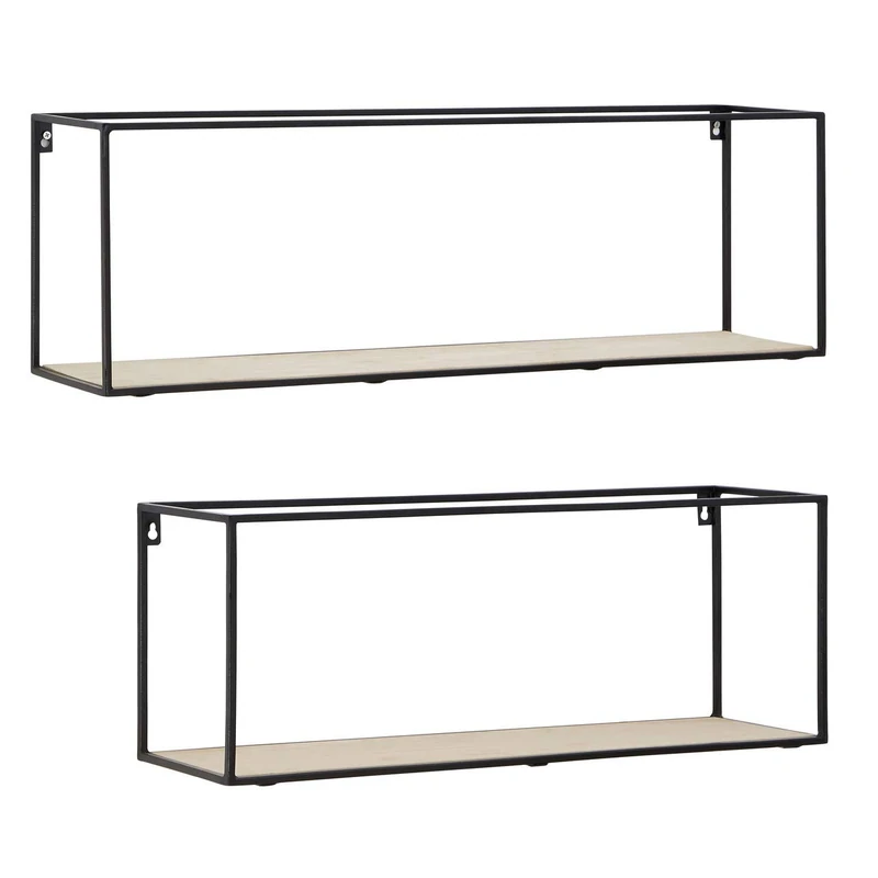 Premier Housewares Wall Mounted Floating Shelf for Kitchen, Living, Bed & Bath Room, Wooden, w80 x d18 x h25cm, Natural/Black, Set of 2 - Brixton