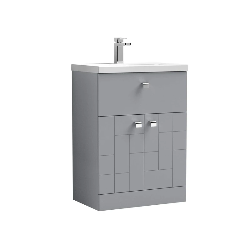 nuie BLO201A Blocks Modern Bathroom Geometric Floor Standing 2 Soft Close Door 1 Drawer Vanity Unit with Mid-Edge Ceramic Basin, 600mm, Satin Grey