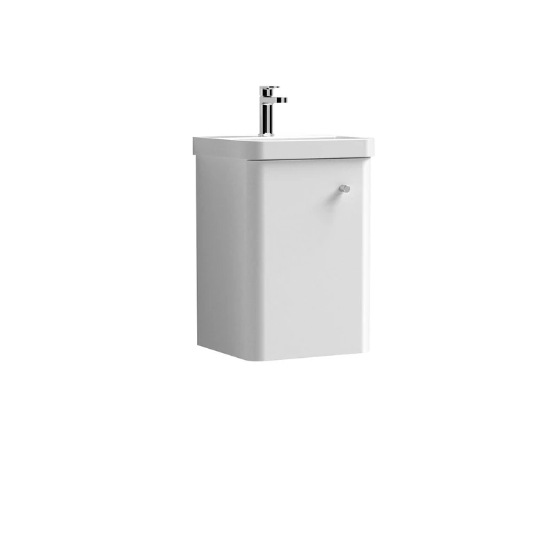 Nuie COR101 Core Modern Bathroom Wall Hung 1 Door Vanity Unit and 1 Tap Hole Ceramic Basin, 589 x 405 x 355mm, Gloss White