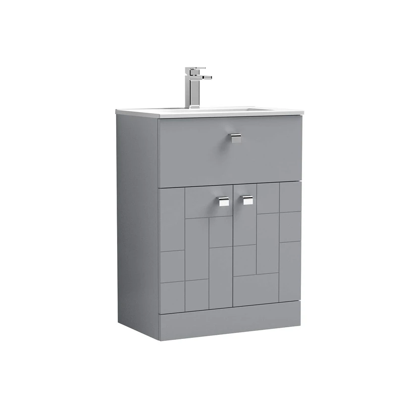 nuie Modern Bathroom Geometric Floor Standing 2 Soft Close Door 1 Drawer Vanity Unit with Minimalist Ceramic Basin, Satin Grey, 600mm