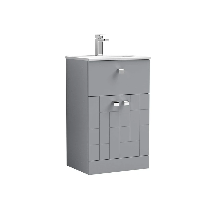 nuie BLO204B Blocks Modern Bathroom Geometric Floor Standing Soft Close 2 Drawer 1 Door Vanity Unit and Minimalist Ceramic Basin, 500mm, Satin Grey