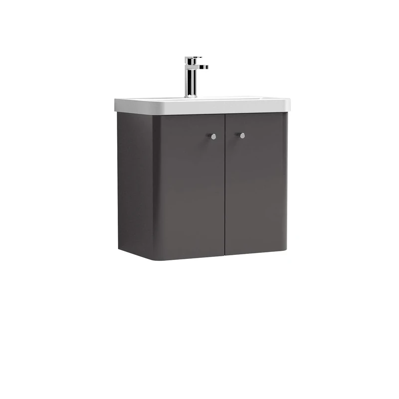 Nuie COR905 Core Modern Bathroom Wall Hung 2 Door Vanity Unit and 1 Tap Hole Ceramic Basin, 589 x 605 x 355mm, Gloss Grey