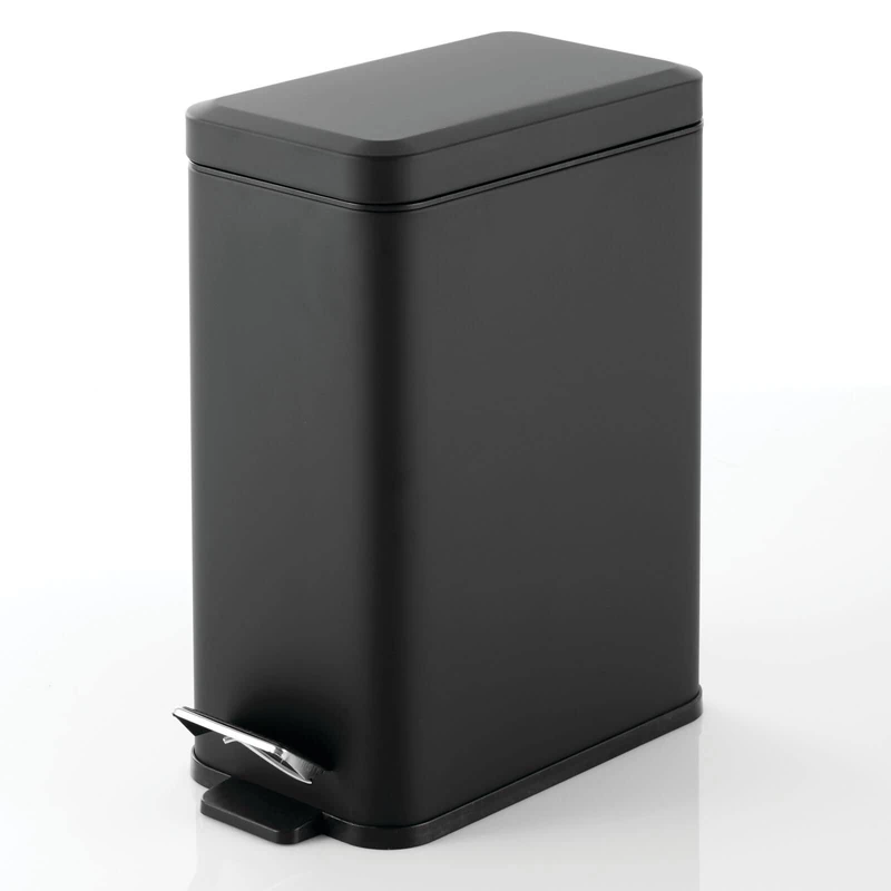 mDesign Pedal Bin — Waste Bin with Pedal, Lid and Plastic Bucket Insert for Bathroom, Kitchen, and Office — Metal Household Rubbish Bin with Ergonomic Design — Black