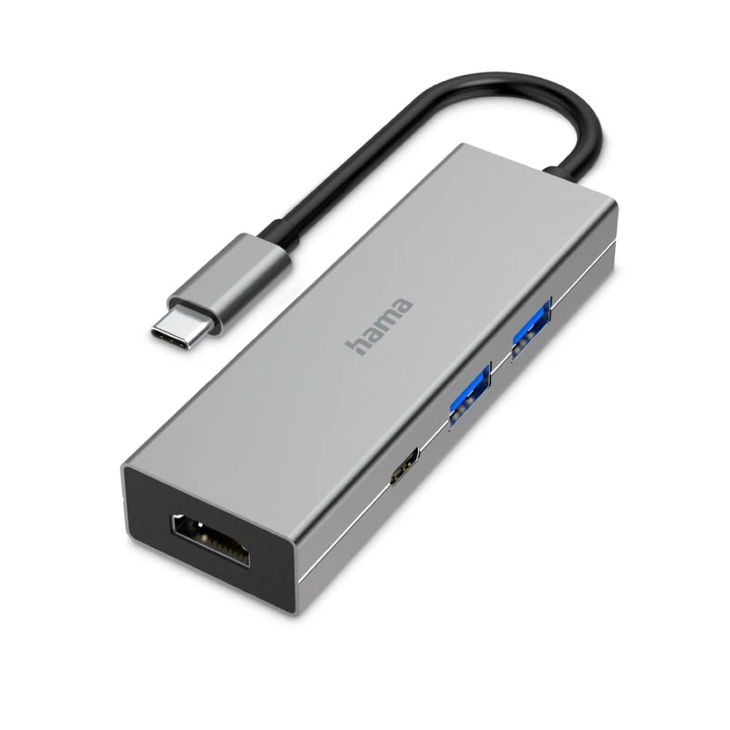 Hama USB-C Hub 4 Ports (multiport adapter 1x HDMI 4K Ultra HD for monitor or projector, 2x USB-A, 1x USB-C for data transfer, charging with PD, 4-in-1 USB-C adapter for office home office) aluminum