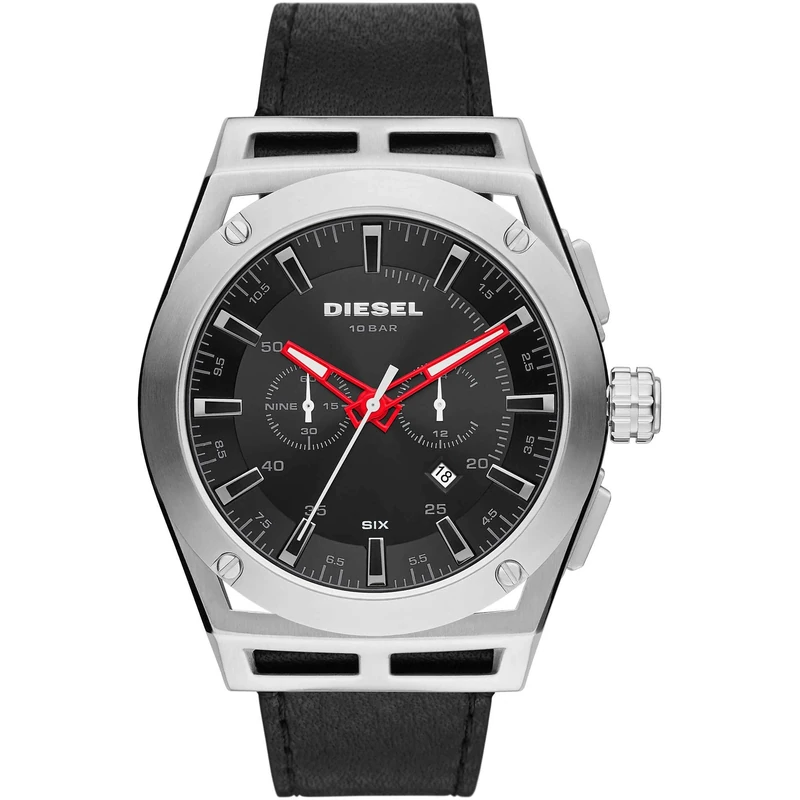 Diesel Watch for Men Timeframe, Chronograph Movement, 48 mm Silver Stainless Steel Case with a Leather Strap, DZ4543