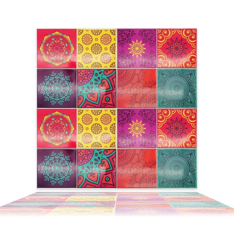 WALPLUS 64 Sheets 15cm(6") Mandala Spanish Glossy 3D Wall Tile Stickers Splashbacks Vinyl Stick on Tiles Splashback Peel and Stick Bathroom Kitchen Decor Tile Paint Spring Easter Decoration