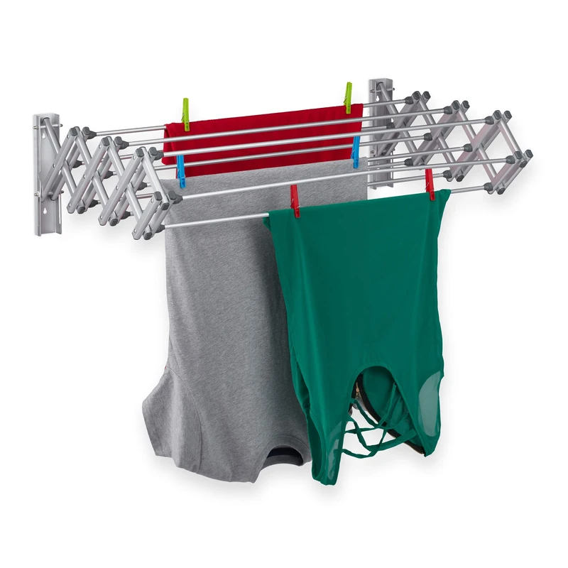 Relaxdays Wall-Mounted Clothes Horse, 8 m Drying Line, Extendable, HxWxD: 27 x 95 x 60 cm, Bathroom, Aluminium, Silver