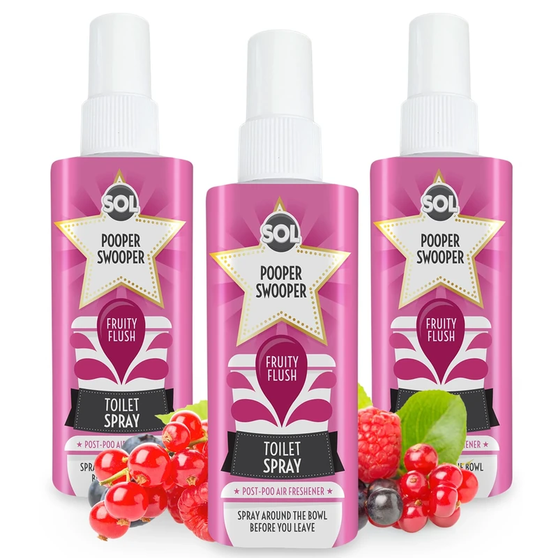 SOL 3pk x 60ml Pooper Swooper Toilet Spray Fruity Flush Fragrance, Odour Masking Air Freshener Refresher for Public Bathrooms, Offices and Home, Travel-Friendly Cleaning Solution for Poo Odours
