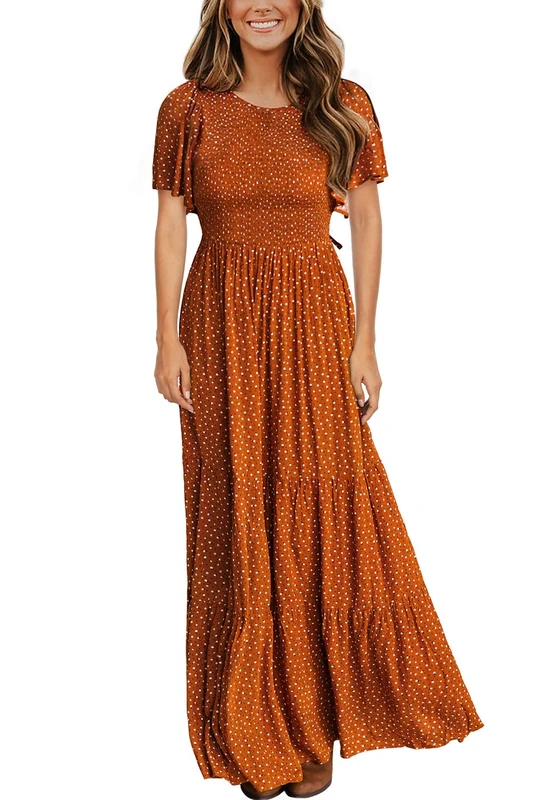 Kranda Women Summer Dress Round Neck Flutter Short Sleeve Smocked Ruffle Tiered Floral Maxi Dress 2024, Caramel, XL