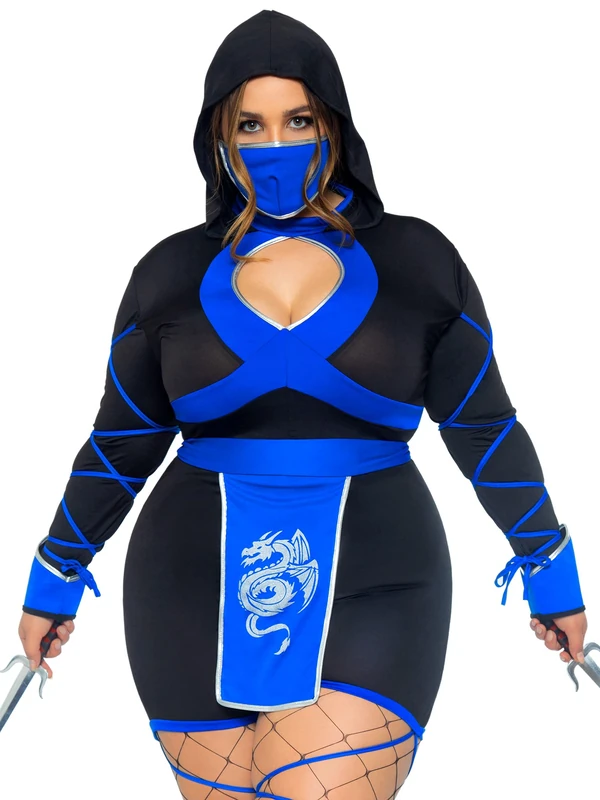 Leg Avenue Dragon Ninja Set-Sexy Romper and Face Mask Halloween Costume for Women, Black/Blue, 3X/4X - Image 1