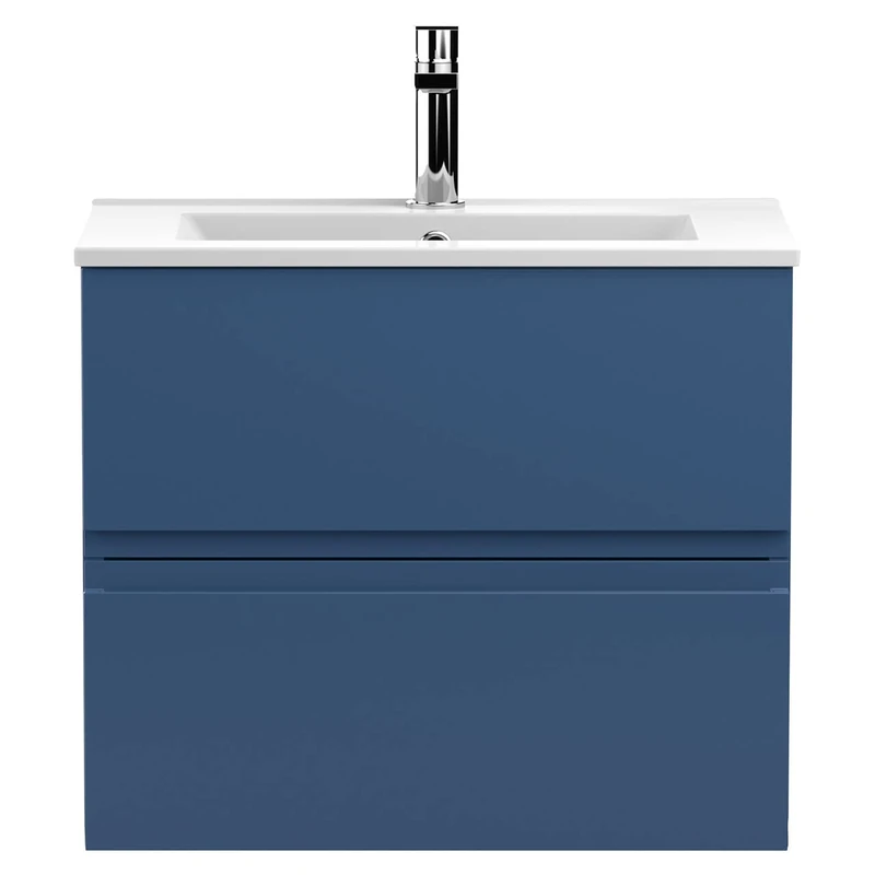 Hudson Reed URB304B Urban Modern Bathroom Wall Hung Vanity Basin Unit with 2 Soft Close Drawers and Ceramic 18mm Profile Sink, 600mm, Satin Blue