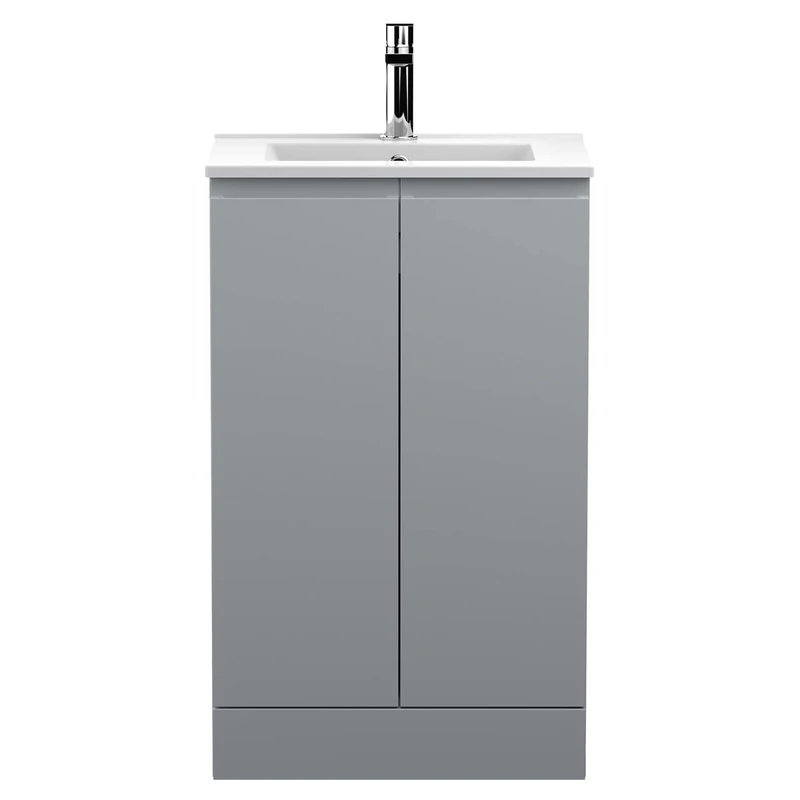 Hudson Reed URB207B Urban Modern Bathroom Floor Standing Vanity Basin Unit with 2 Soft Close Doors and Ceramic 18mm Profile Sink, 500mm, Satin Grey