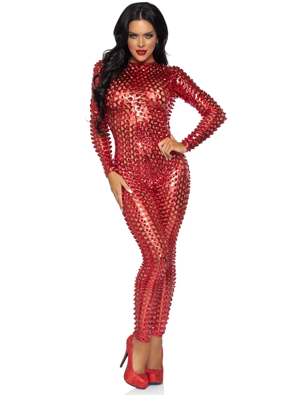 Leg Avenue womens Laser Cut Metallic Catsuit, Red, Large - Image 1