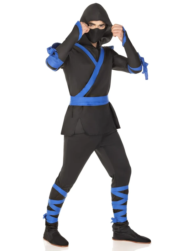 Leg Avenue Men's 5 Pc Ninja Costume with Shirt, Pants, Belt, Face Mask, Hood, Black/Blue, Medium/Large, Black/Blue, M/L