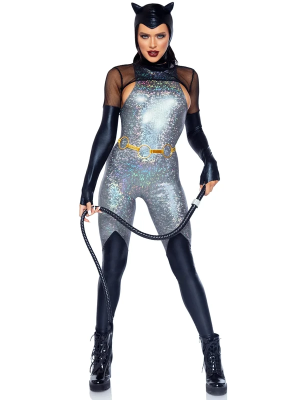 Leg Avenue Women's 4 Pc Feline Felon Costume with Catsuit, Shrug, Cap, Belt, Multi, S
