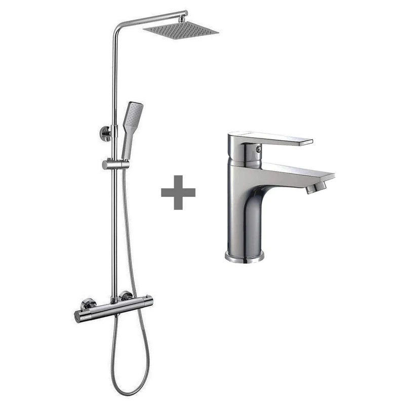 Quad Thermostatic Shower Column + DEN Basin Tap Adjustable Height from 73 to 122 cm, Chrome Brightness