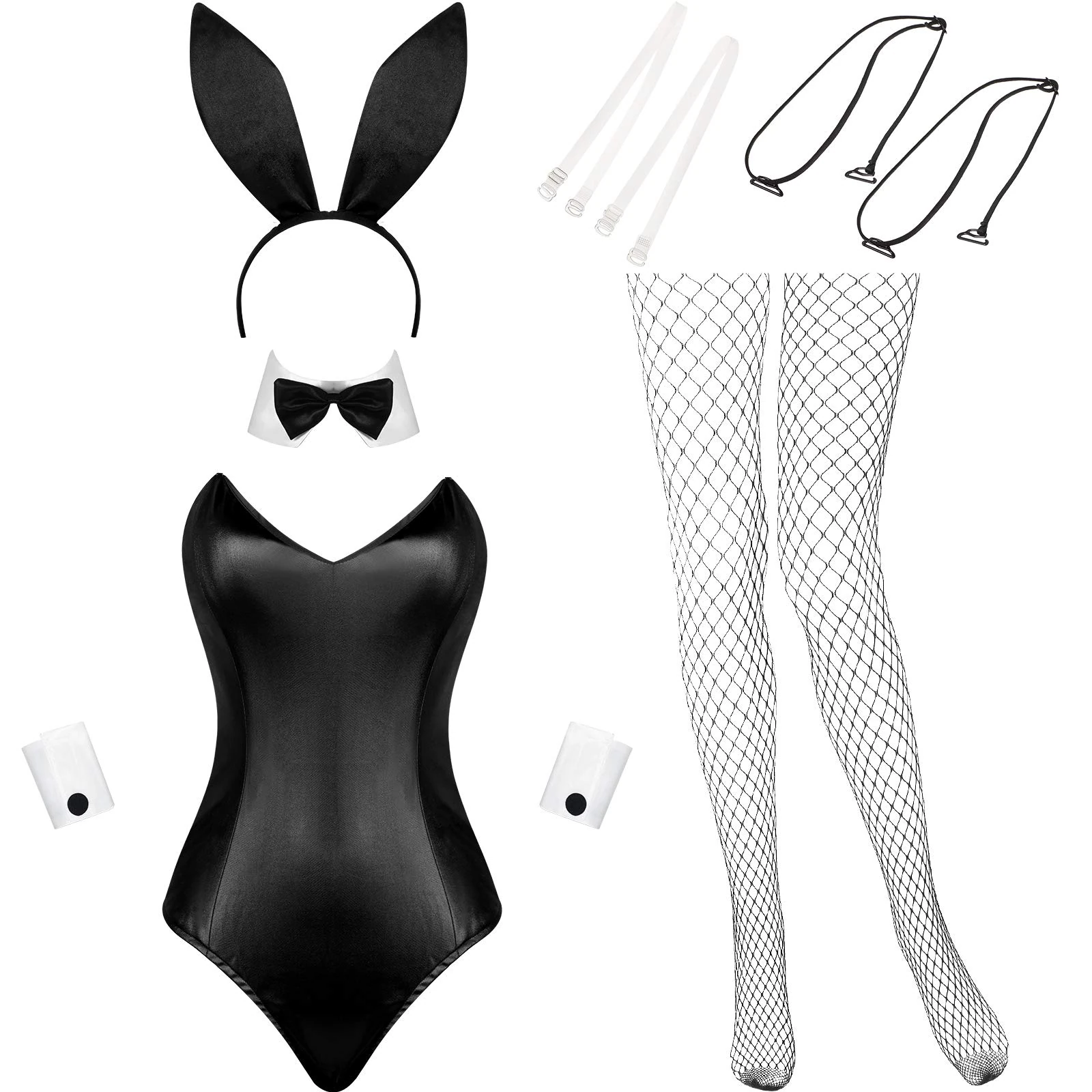 Geyoga Anime Women Bunny Costume Bunny Outfit Halloween Cosplay Bodysuit Role Costume Bunny Headband Stocking Set(Large,White and Black)