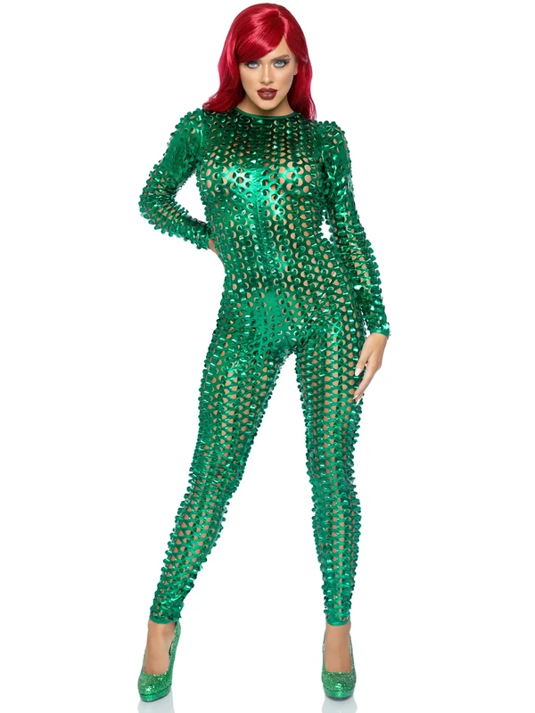 Leg Avenue womens Laser Cut Metallic Catsuit, Green, Large