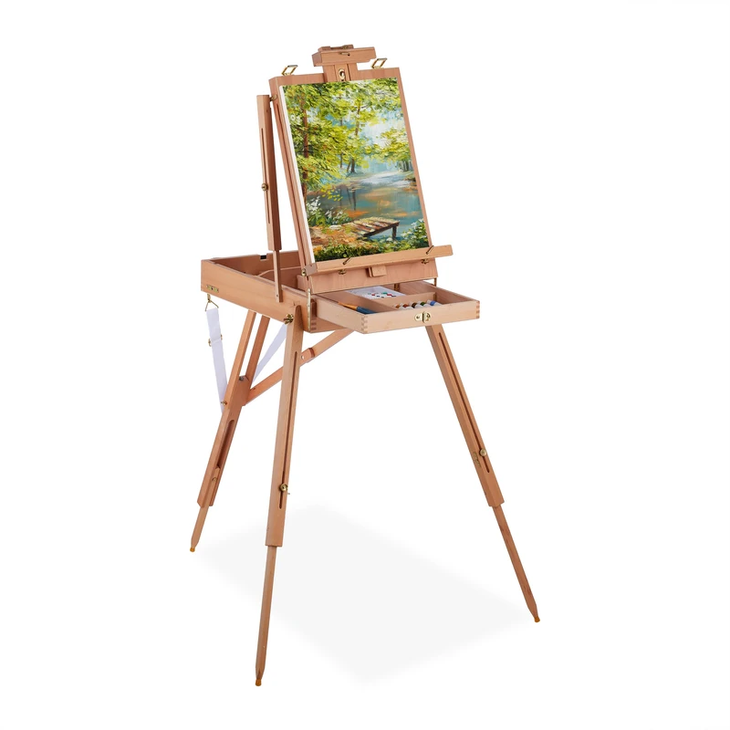 Relaxdays Portable Easel, for Adults, Height & Tilt Adjustable, Painting Case, XL Easel with Drawer, Wooden, Natural