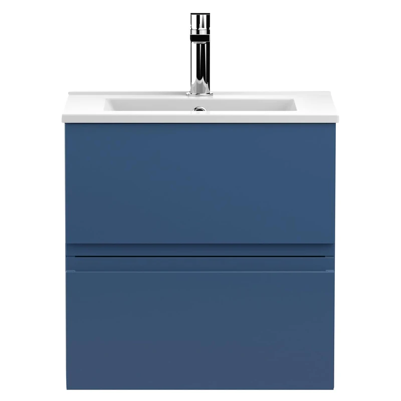 Hudson Reed URB302B Urban Modern Bathroom Wall Hung Vanity Basin Unit with 2 Soft Close Drawers and Ceramic 18mm Profile Sink, 500mm, Satin Blue
