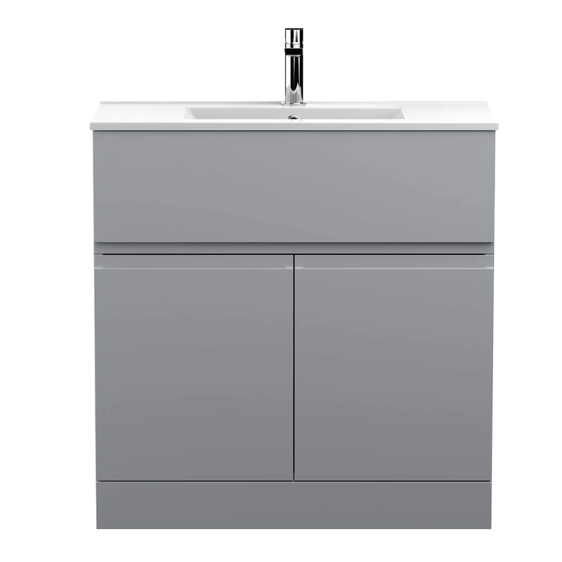 Hudson Reed URB205B Urban Modern Bathroom Floor Standing Vanity Basin Unit with 2 Doors and 1 Soft Close Drawer and Ceramic 18mm Profile Sink, 800mm, Satin Grey