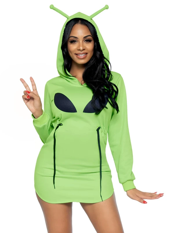 Leg Avenue womens Casual Halloween Ghost and Alien Fleece Hoodie Dress Costume, Green, Large - Image 1