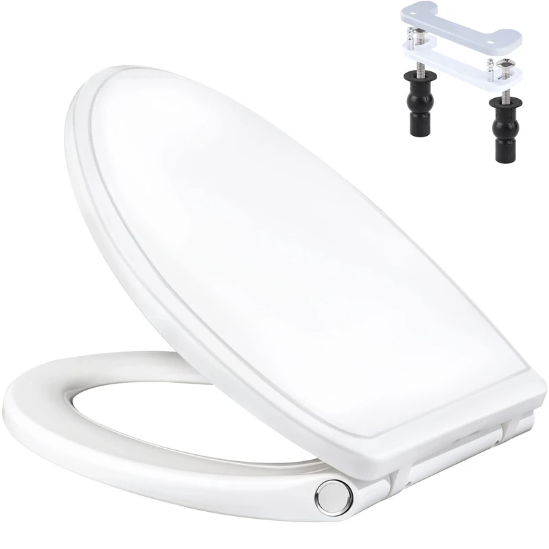 Elongated Toilet Seat with Cover, Easy to Install and Quick-Release Removable for Cleaning, Soft Close and Never Loosen Stable Hinge, Durable Plastic Toilet Seat with Non-Slip Seat Bumpers, White