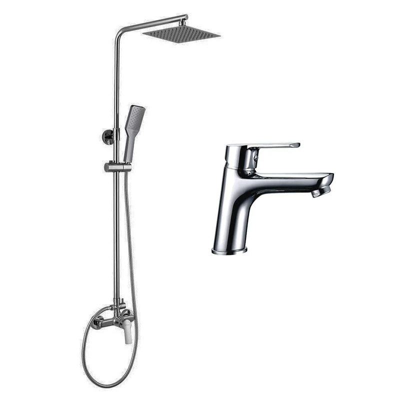 SIO Shower Column Set + SIO Basin Tap Extendible Height Adjustable 80 to 120 cm Chrome Gloss