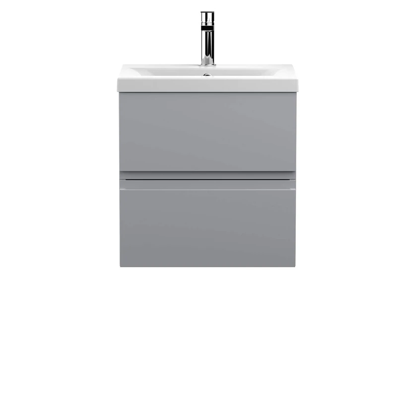 Hudson Reed URB202A Urban Modern Bathroom Wall Hung Vanity Basin Unit with 2 Soft Close Drawers and Ceramic 40mm Profile Sink, 500mm, Satin Grey