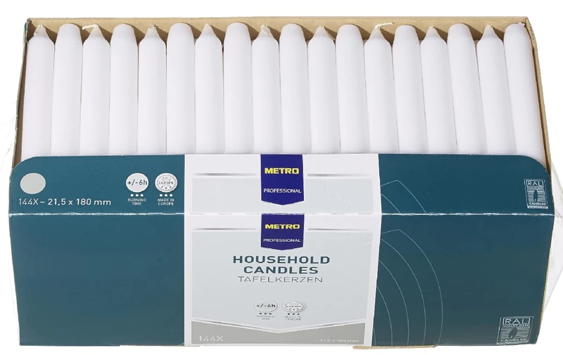 Metro Professional Table Candles, Diameter 21.5 mm (180 mm Length), Burn Time 6 Hours White Pack of 144 - Image 1