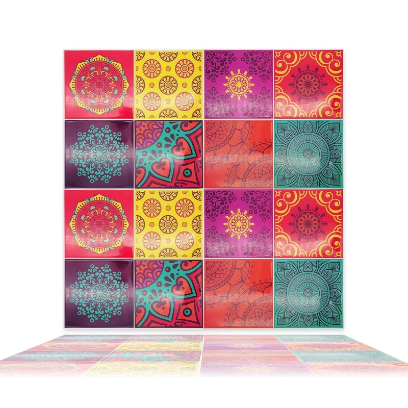 WALPLUS 32 Sheets 15cm(6") Mandala Spanish Glossy 3D Wall Tile Stickers Splashbacks Vinyl Stick on Tiles Splashback Peel and Stick Bathroom Kitchen Decor Tile Paint Spring Easter Decoration