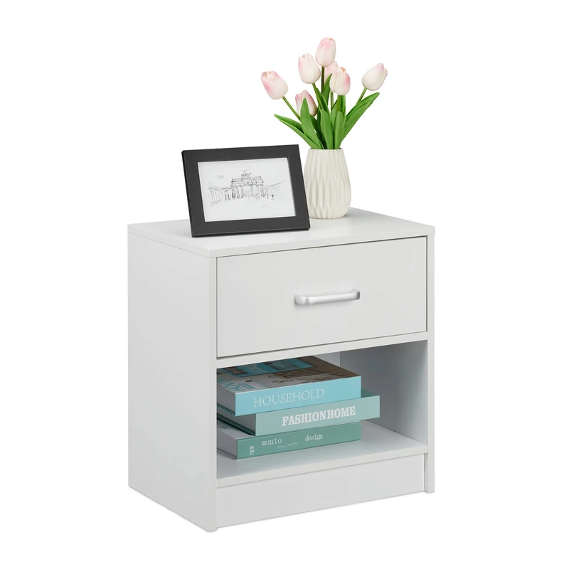 Relaxdays Night Stand, Side Table, Drawer, H x W x D: approx. 41.5 x 39 x 31 cm, MDF, White