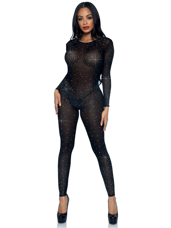 Leg Avenue womens Sheer Rhinestone Catsuit, Black, S - Image 1
