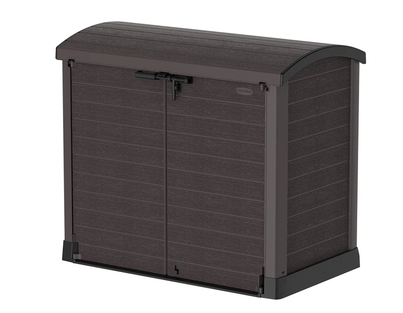 Duramax Cedargrain StoreAway 1200L Plastic Garden Storage Shed/ Arc Lid, Outdoor Storage, Wheelie bin box, Durable Construction– Ideal for Tools, Bikes, BBQs & 2x 240L Bins, 145x85x125 cm, Brown
