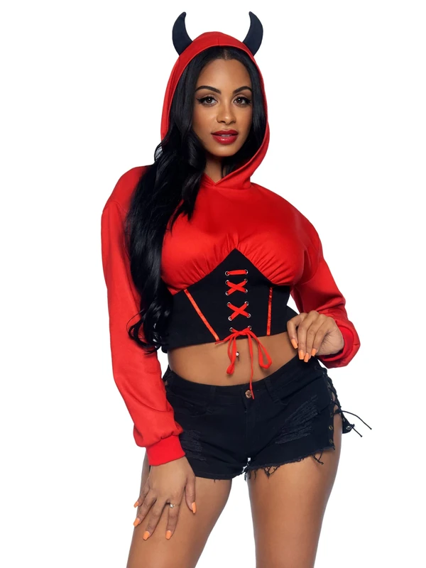 Leg Avenue Womens Devil Cropped Hoodie, Red/Black, S/M - Image 1